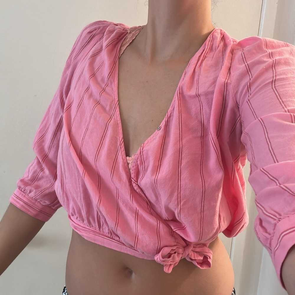 Pink wrap around Madewell striped crop top